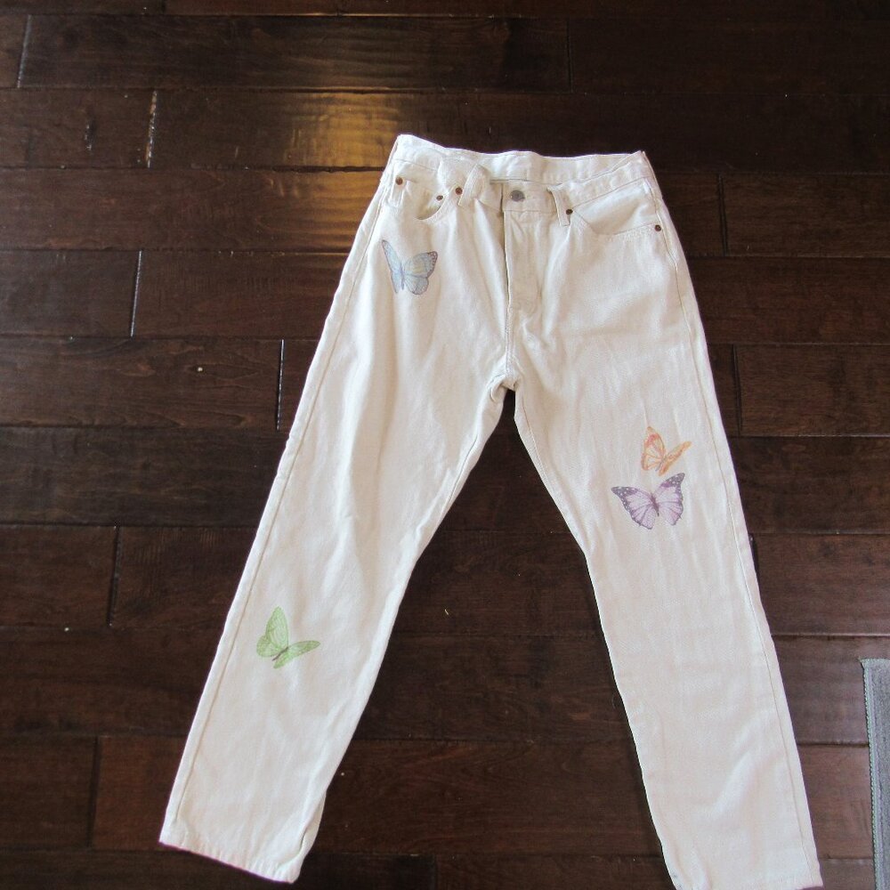 Levi Jeans Women Size 29x28 Cream 501 Button Fly Straight Butterflies FairyCore